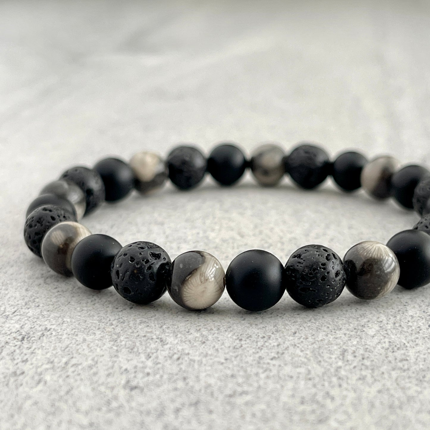 Orthoceras Fossil Jasper, Matte Onyx & Black Lava Bracelet