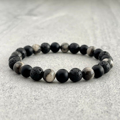 Orthoceras Fossil Jasper, Matte Onyx & Black Lava Bracelet