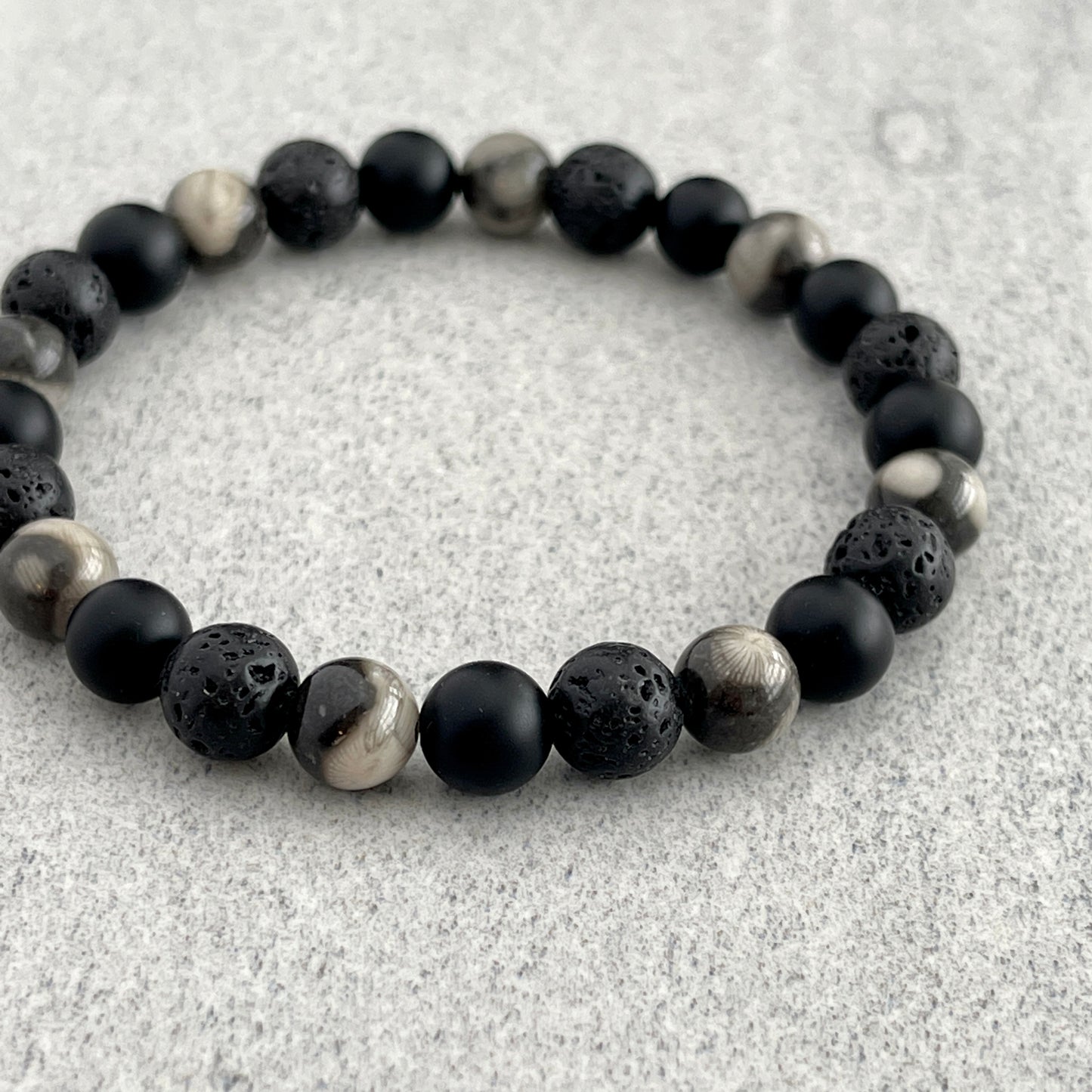 Orthoceras Fossil Jasper, Matte Onyx & Black Lava Bracelet