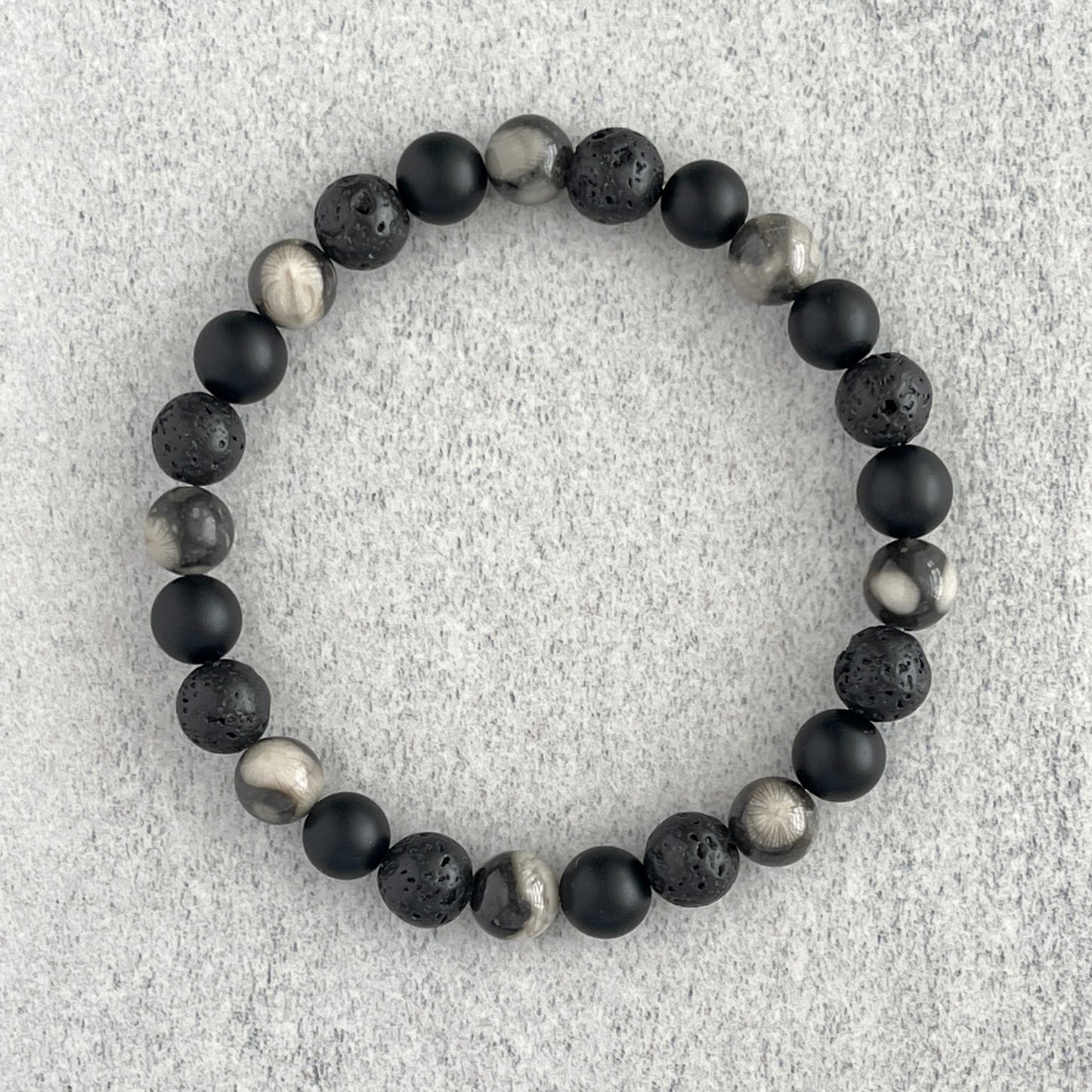 Orthoceras Fossil Jasper, Matte Onyx & Black Lava Bracelet