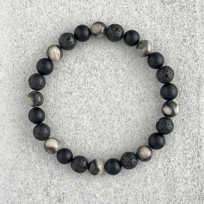 Orthoceras Fossil Jasper, Matte Onyx & Black Lava Bracelet