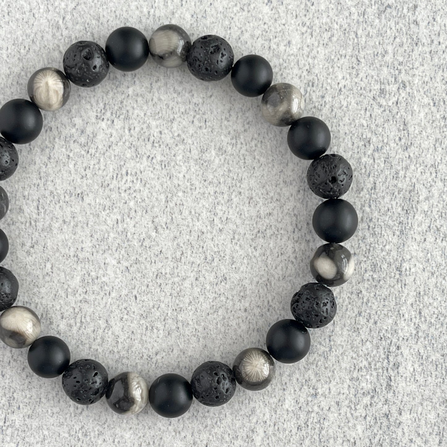 Orthoceras Fossil Jasper, Matte Onyx & Black Lava Bracelet