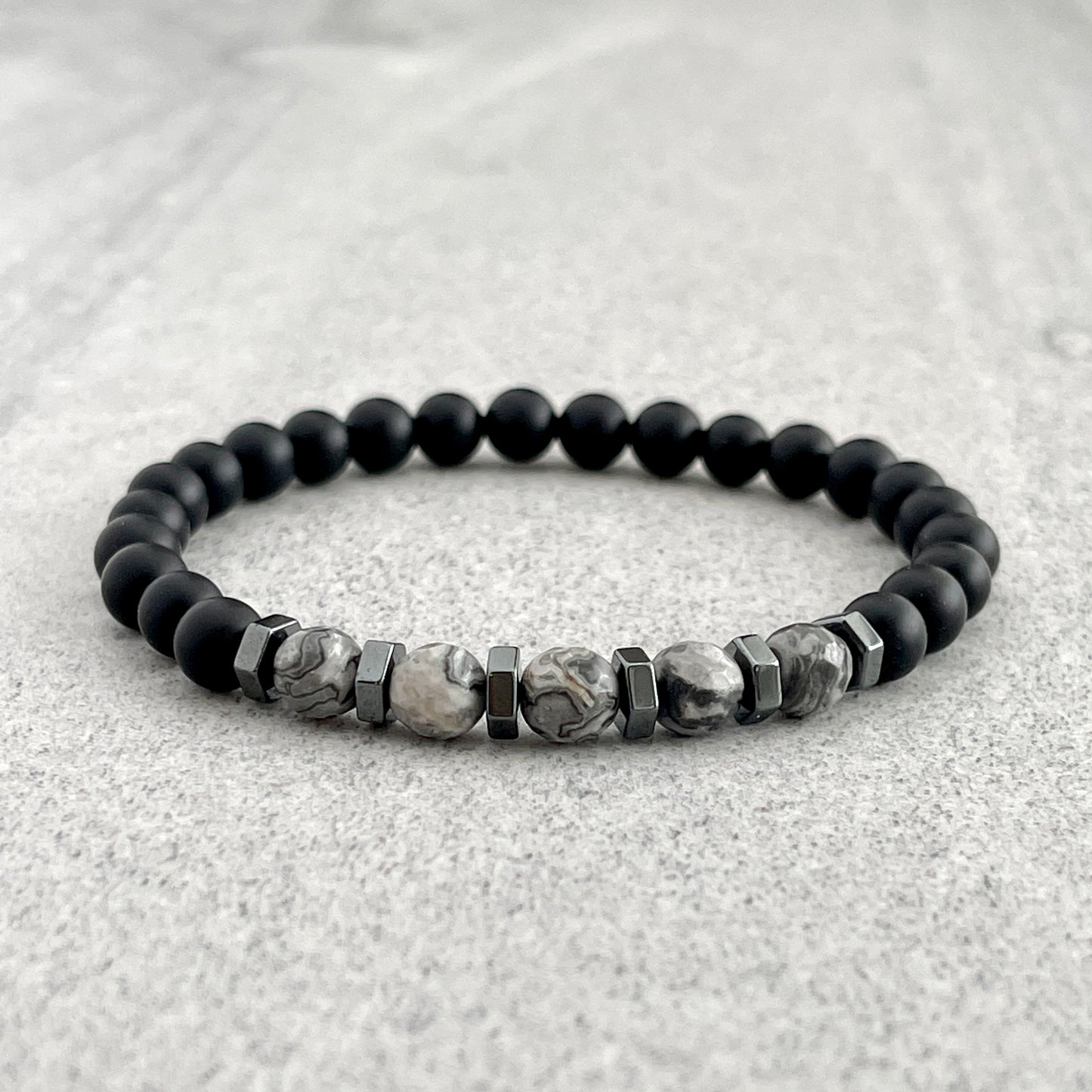 Matte Onyx with Faceted Grey Picasso Jasper and Hematite