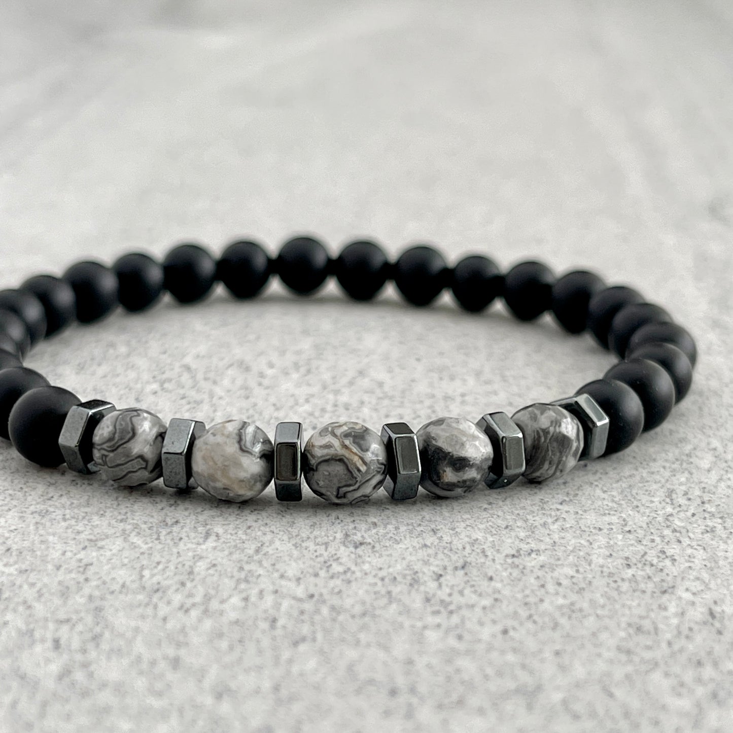 Matte Onyx with Faceted Grey Picasso Jasper and Hematite