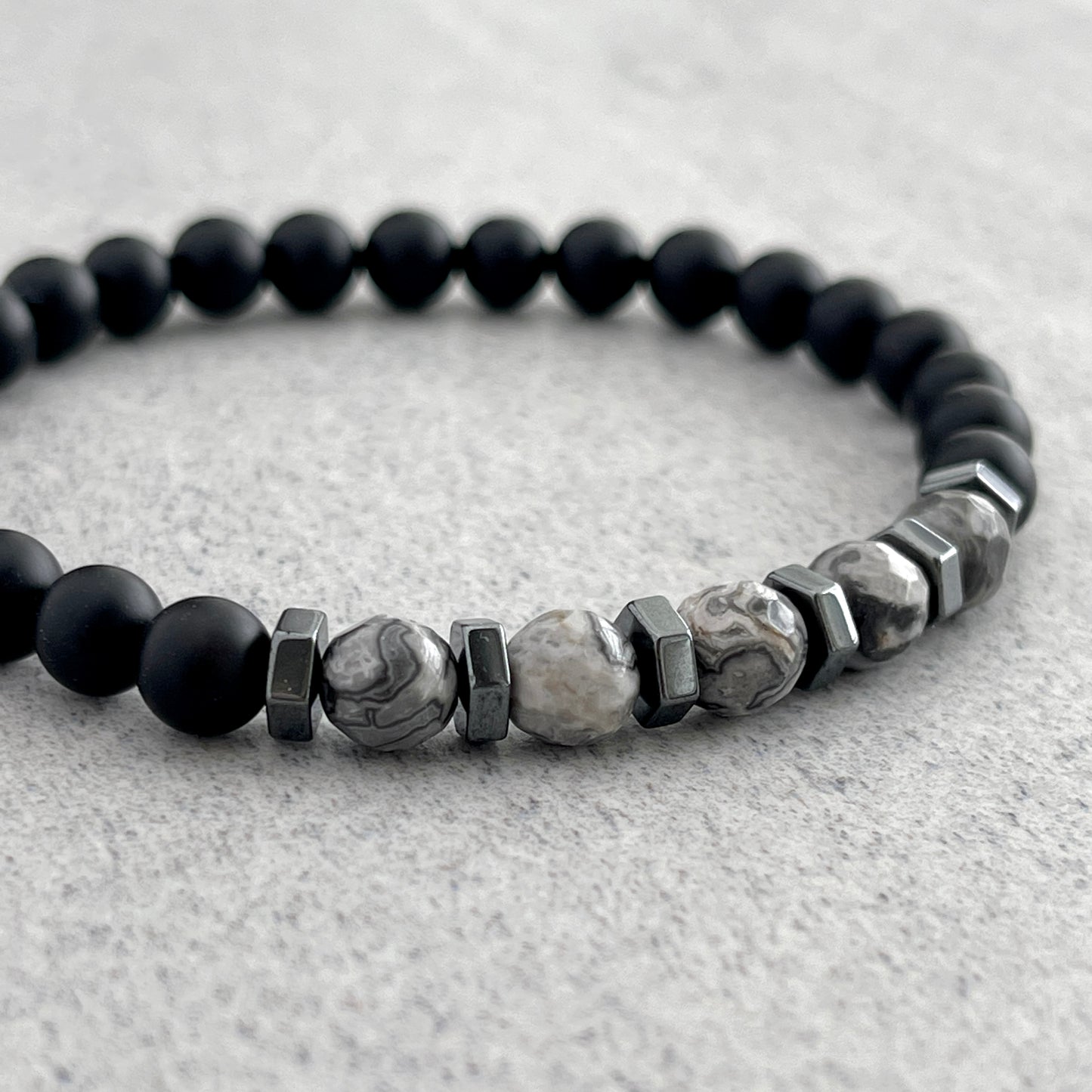 Matte Onyx with Faceted Grey Picasso Jasper and Hematite