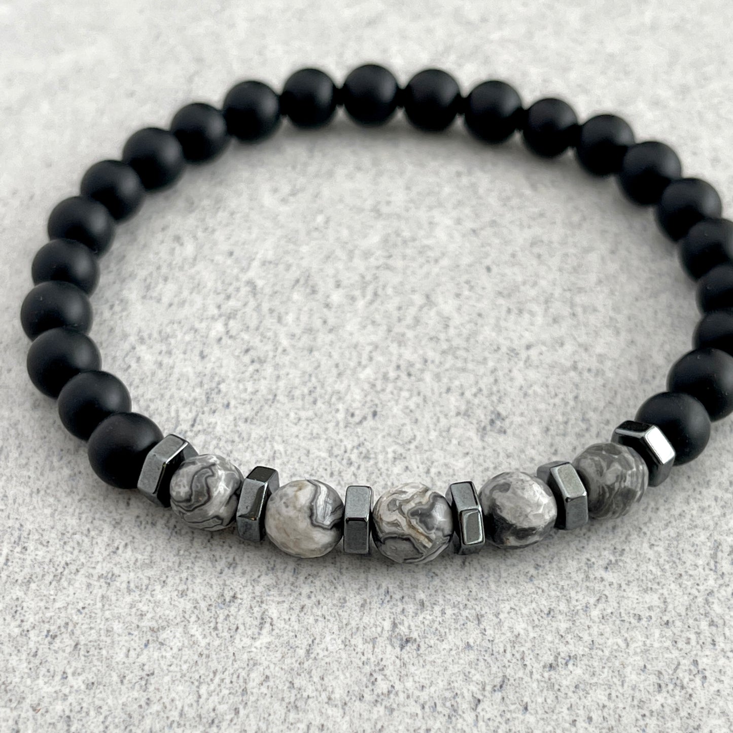 Matte Onyx with Faceted Grey Picasso Jasper and Hematite