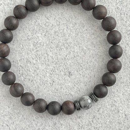 Ebony Blackwood Wooden Bracelet with a Single Grey Picasso Jasper