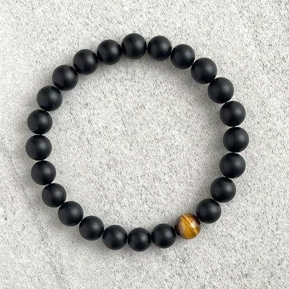 Matte Onyx and Single Yellow Tiger Eye Stretch Bracelet