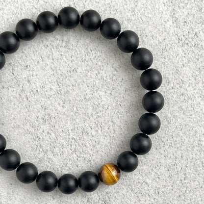 Matte Onyx and Single Yellow Tiger Eye Stretch Bracelet