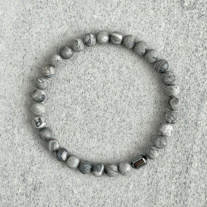 Matte Map Jasper Bracelet with Hexagon Hematite