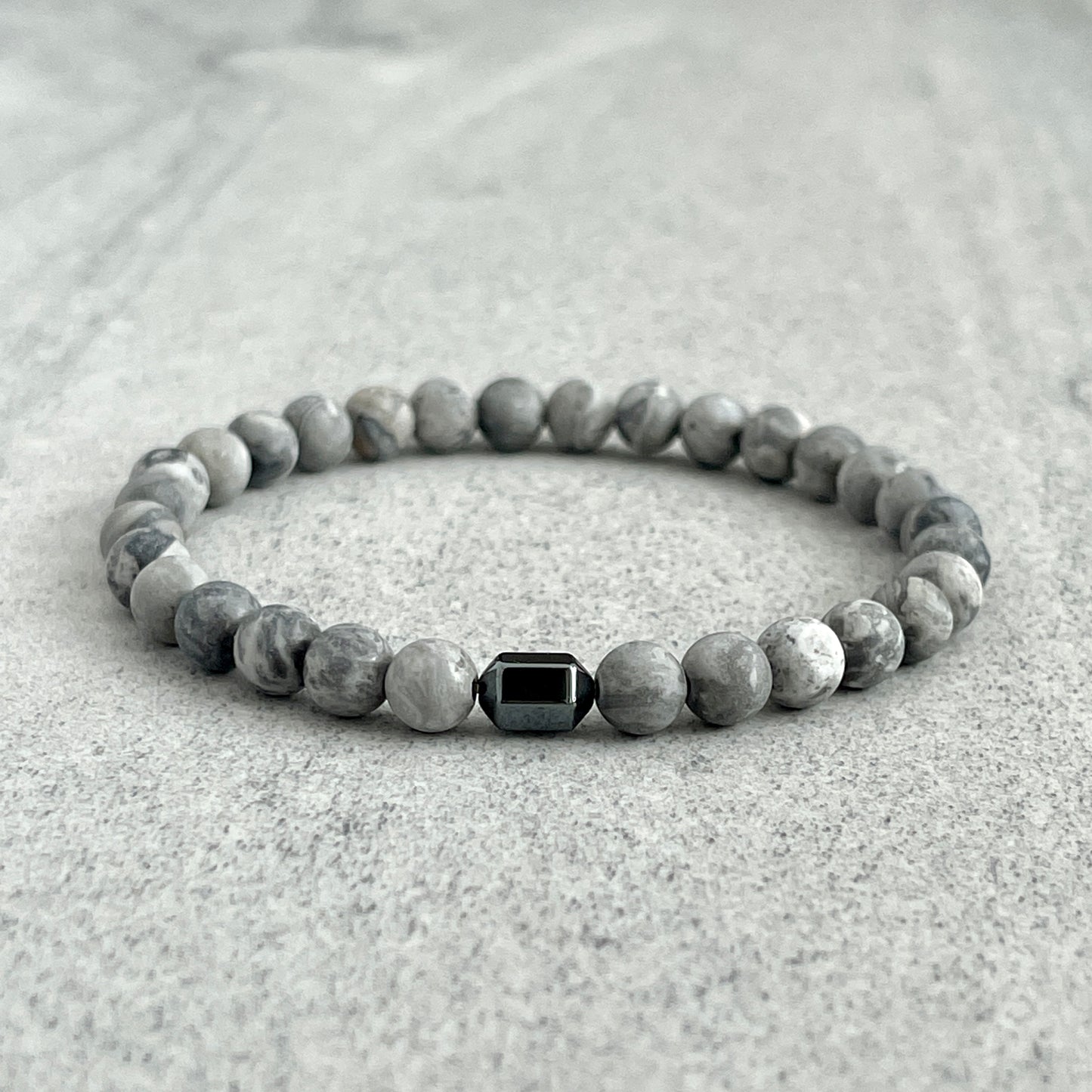 Matte Map Jasper Bracelet with Hexagon Hematite