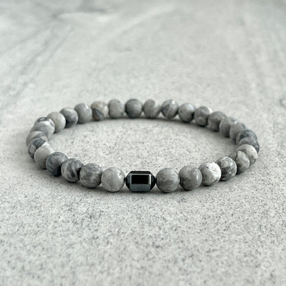 Matte Map Jasper Bracelet with Hexagon Hematite