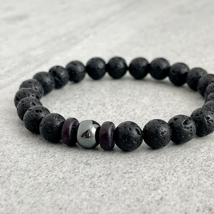 Black Lava Bracelet with a Single Hematite