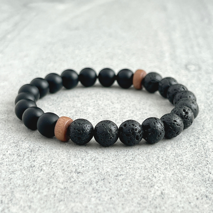 Half & Half Matte Onyx & Black Lava Beaded Bracelet with Cheesewood