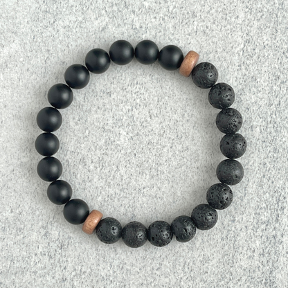 Half & Half Matte Onyx & Black Lava Beaded Bracelet with Cheesewood