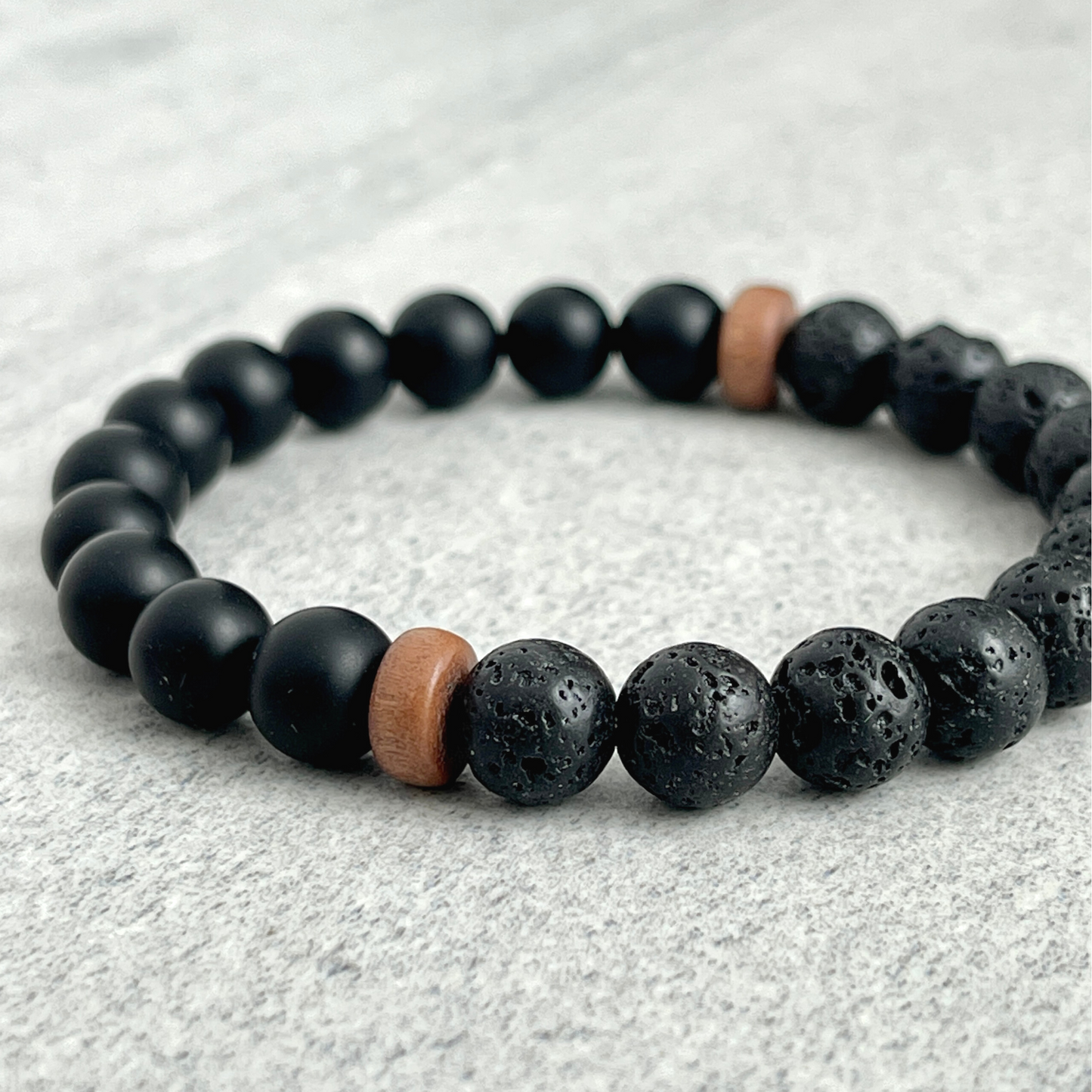 Half & Half Matte Onyx & Black Lava Beaded Bracelet with Cheesewood