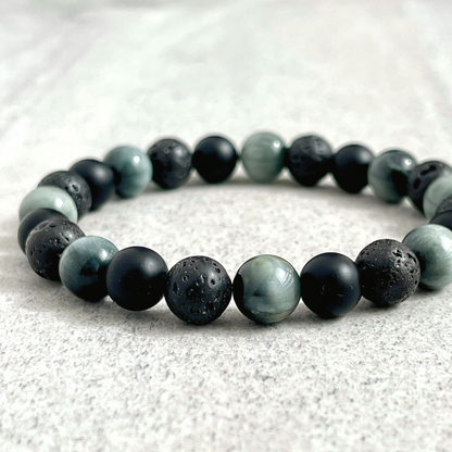 chrysoberyl, matte onyx and black lava beaded bracelet for men