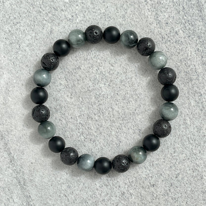 Chrysoberyl, Matte Onyx & Black Lava Beaded Bracelet