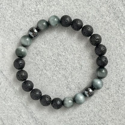 Black Lava, Chrysoberyl and Hematite Beaded Stretch Bracelet