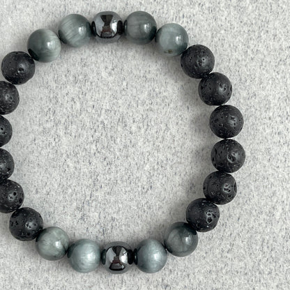 Black Lava, Chrysoberyl and Hematite Beaded Stretch Bracelet