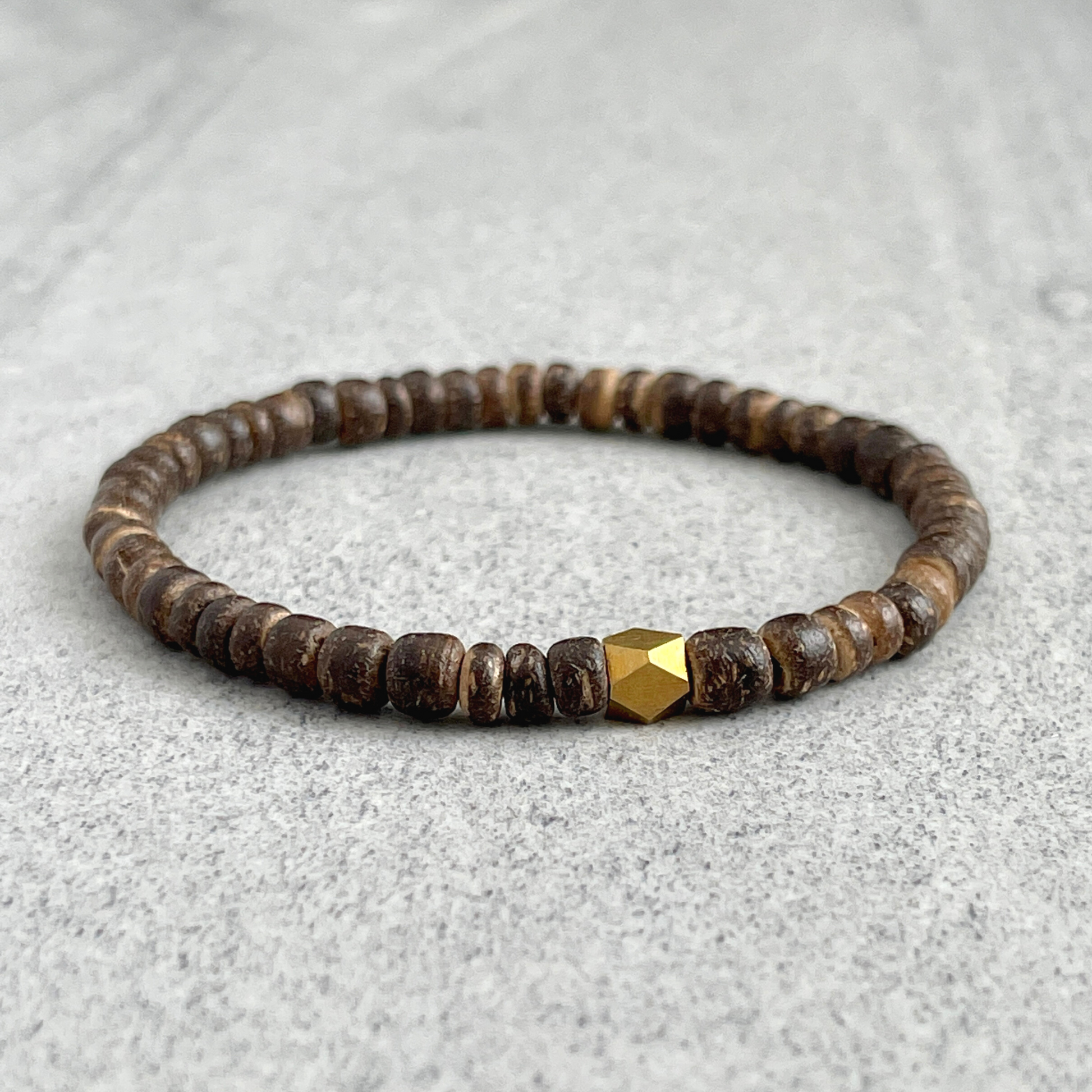Brown Coconut Wood Beaded Bracelet with Faceted Brass Bead