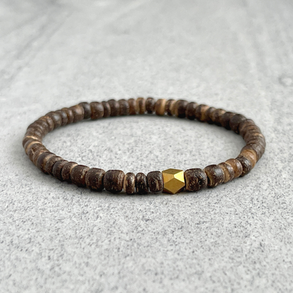 brown coconut wood with brass beaded bracelet for men