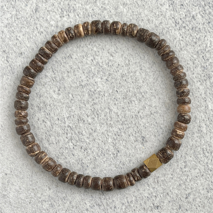 Brown Coconut Wood Beaded Bracelet with Faceted Brass Bead