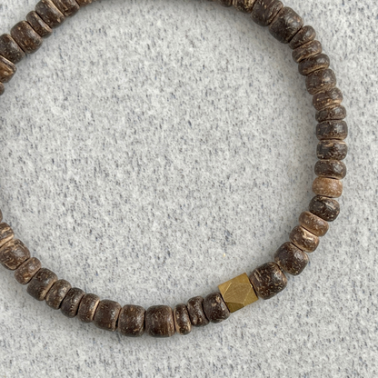 Brown Coconut Wood Beaded Bracelet with Faceted Brass Bead