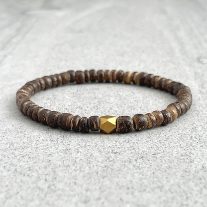 Brown Coconut Wood Beaded Bracelet with Faceted Brass Bead