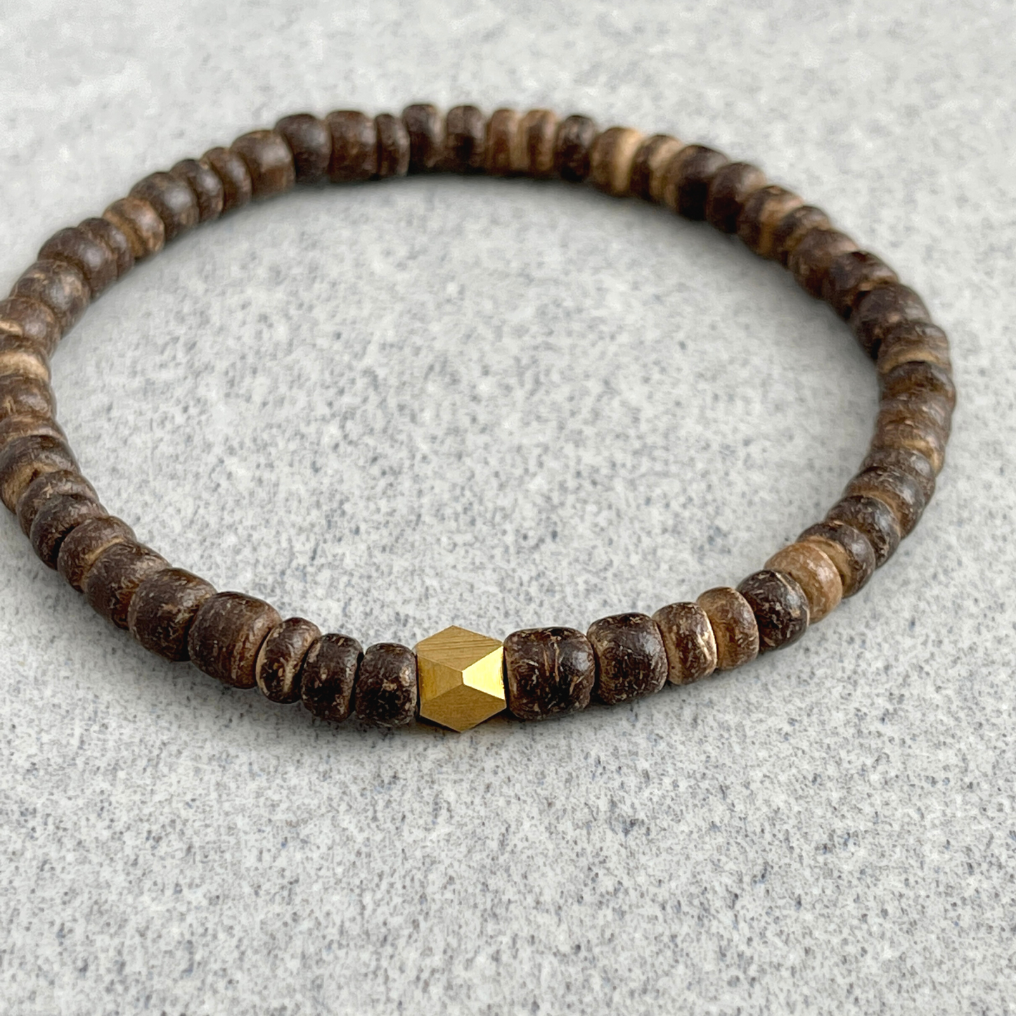 Brown Coconut Wood Beaded Bracelet with Faceted Brass Bead