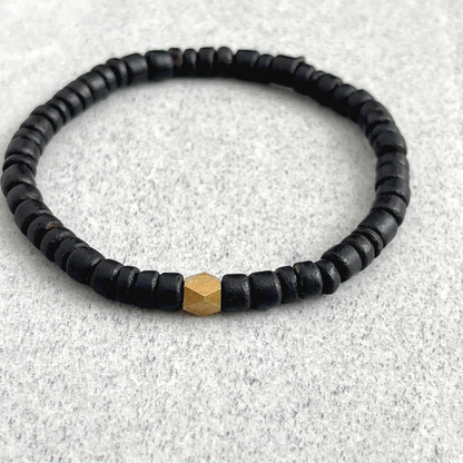 Black Coconut Wood Beaded Bracelet with Faceted Brass Bead