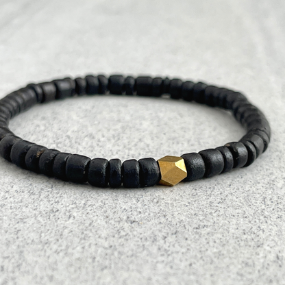 Black Coconut Wood Beaded Bracelet with Faceted Brass Bead