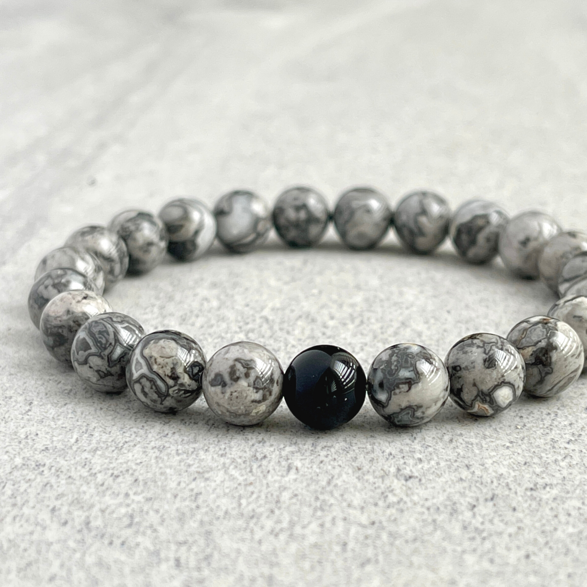 grey picasso jasper with onyx beaded bracelet for men