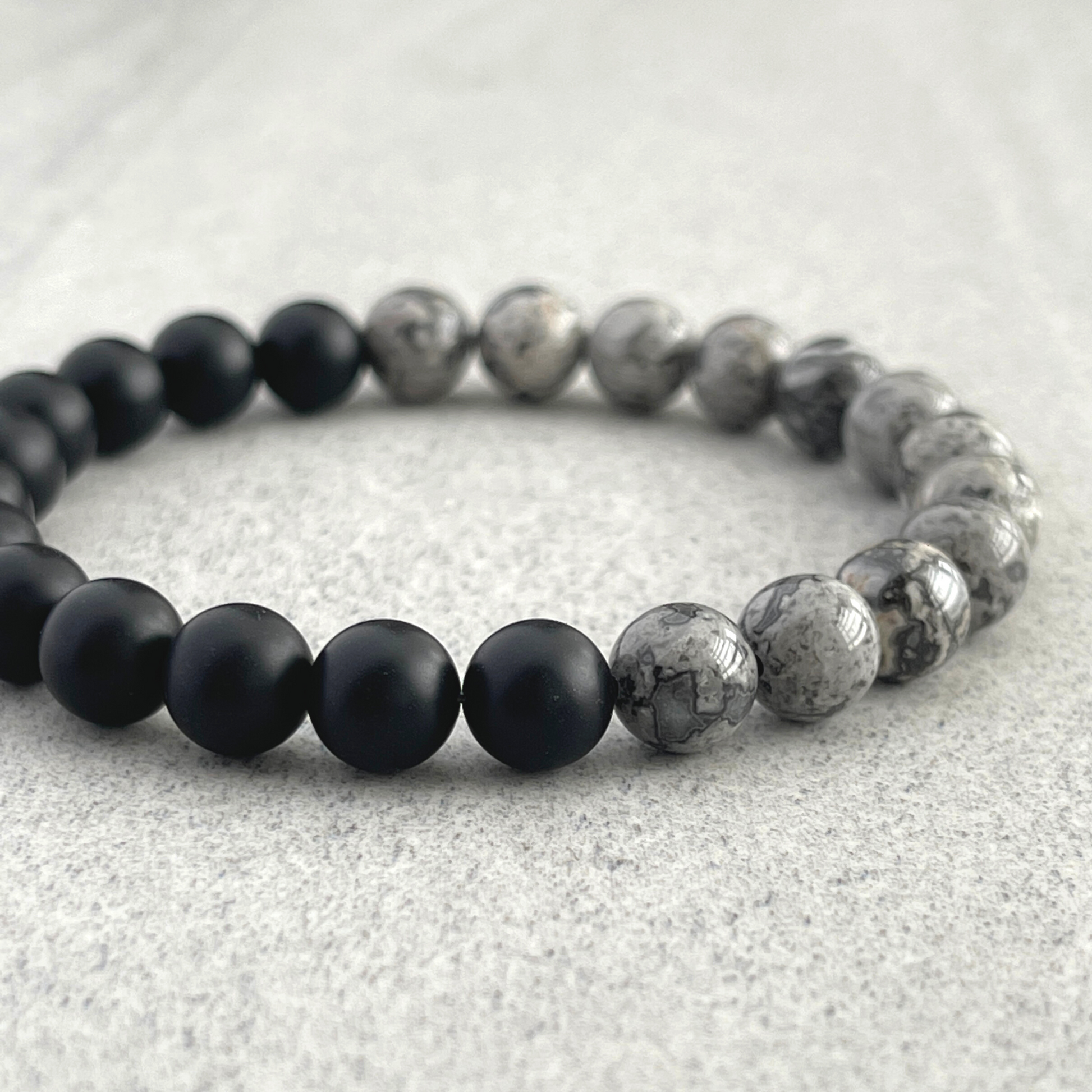 Boho- chic Half & Half Matte Onyx & Grey Picasso Jasper Stretch Bracelet