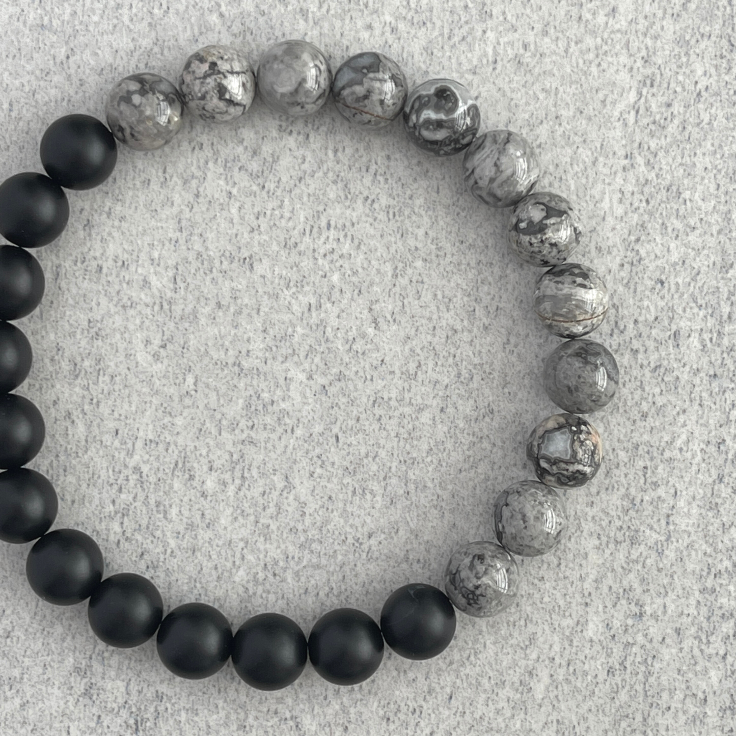 Hadcrafted Half & Half Matte Onyx & Grey Picasso Jasper Stretch Bracelet