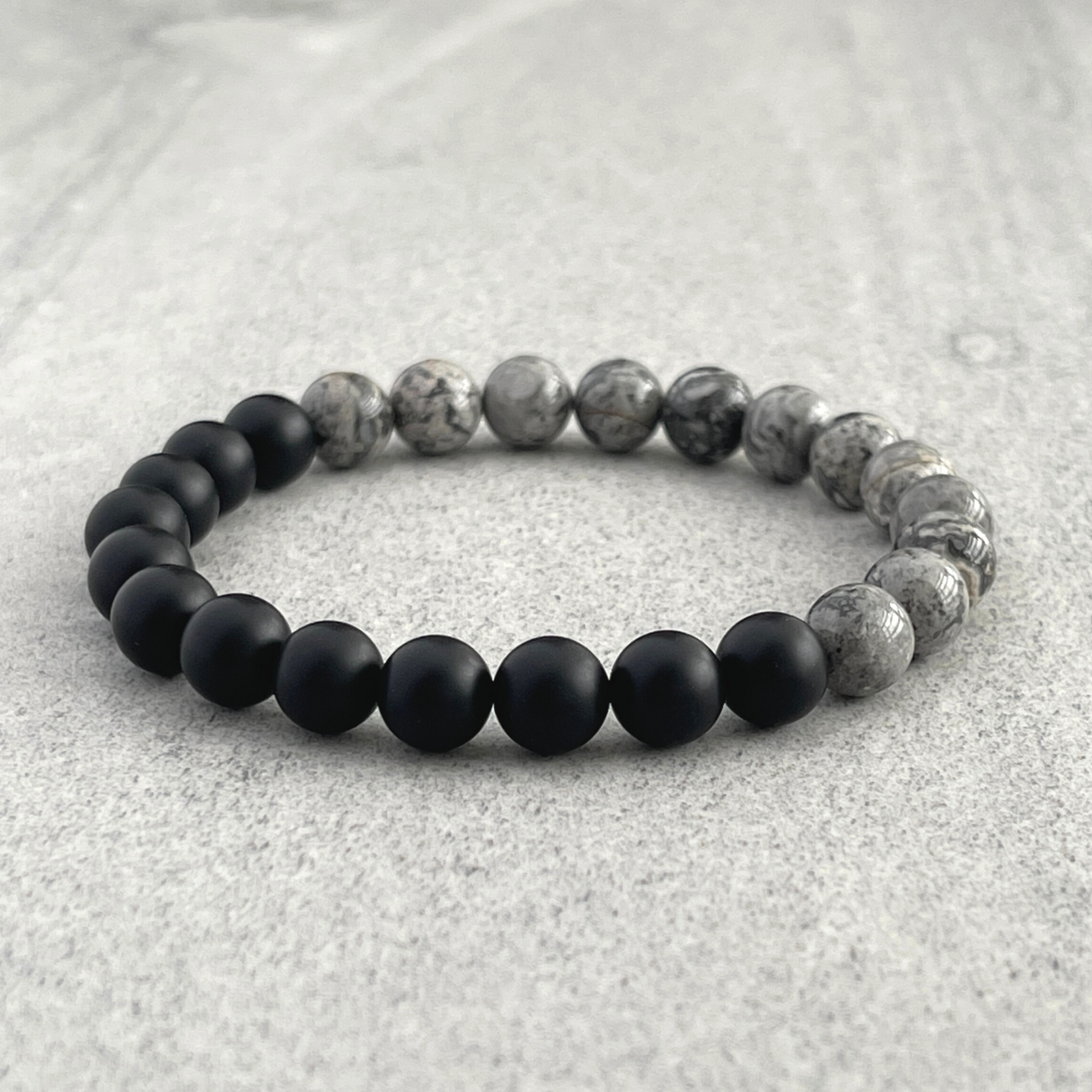 Modern Half & Half Matte Onyx & Grey Picasso Jasper Stretch Bracelet