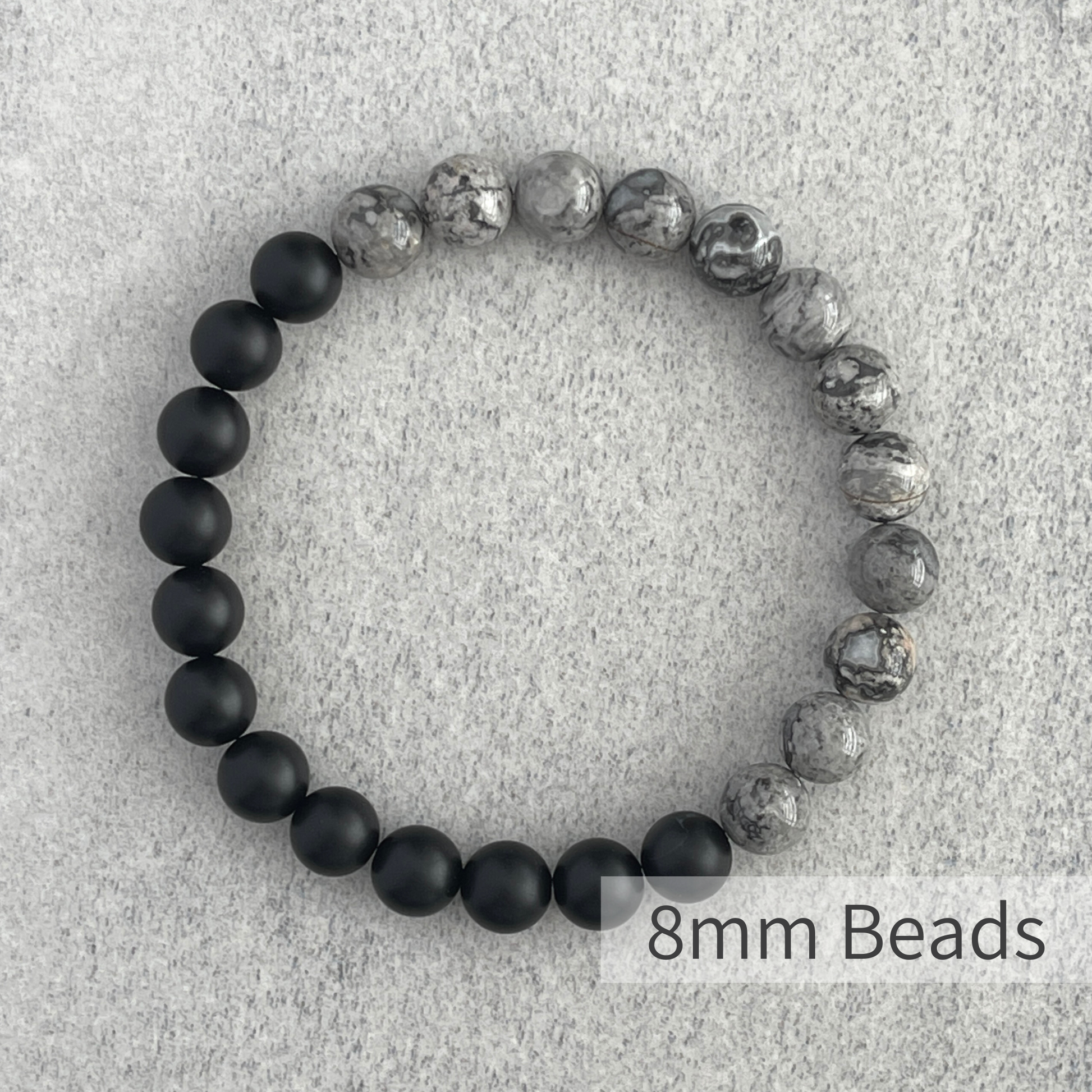 Half & Half Matte Onyx & Grey Picasso Jasper Stretch Bracelet for formal occasions