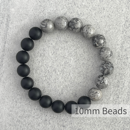 Stylish Half & Half Matte Onyx & Grey Picasso Jasper Stretch Bracelet