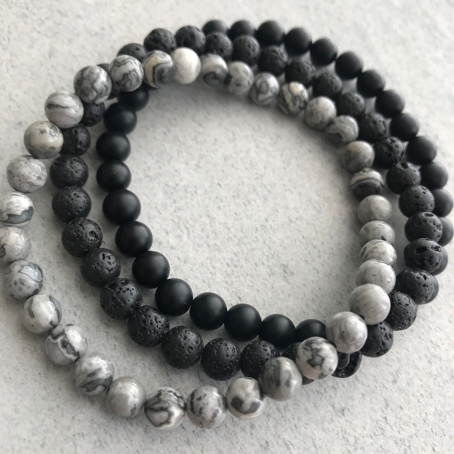 3-Pk, Grey Picasso Jasper, Lava and Matte Onyx, Gemstone Bracelet