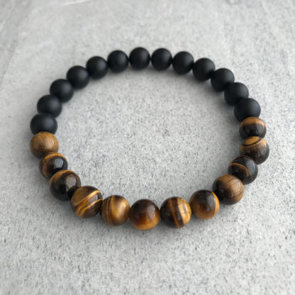 Half & Half Matte Onyx and Tiger Eye Beaded Bracelet