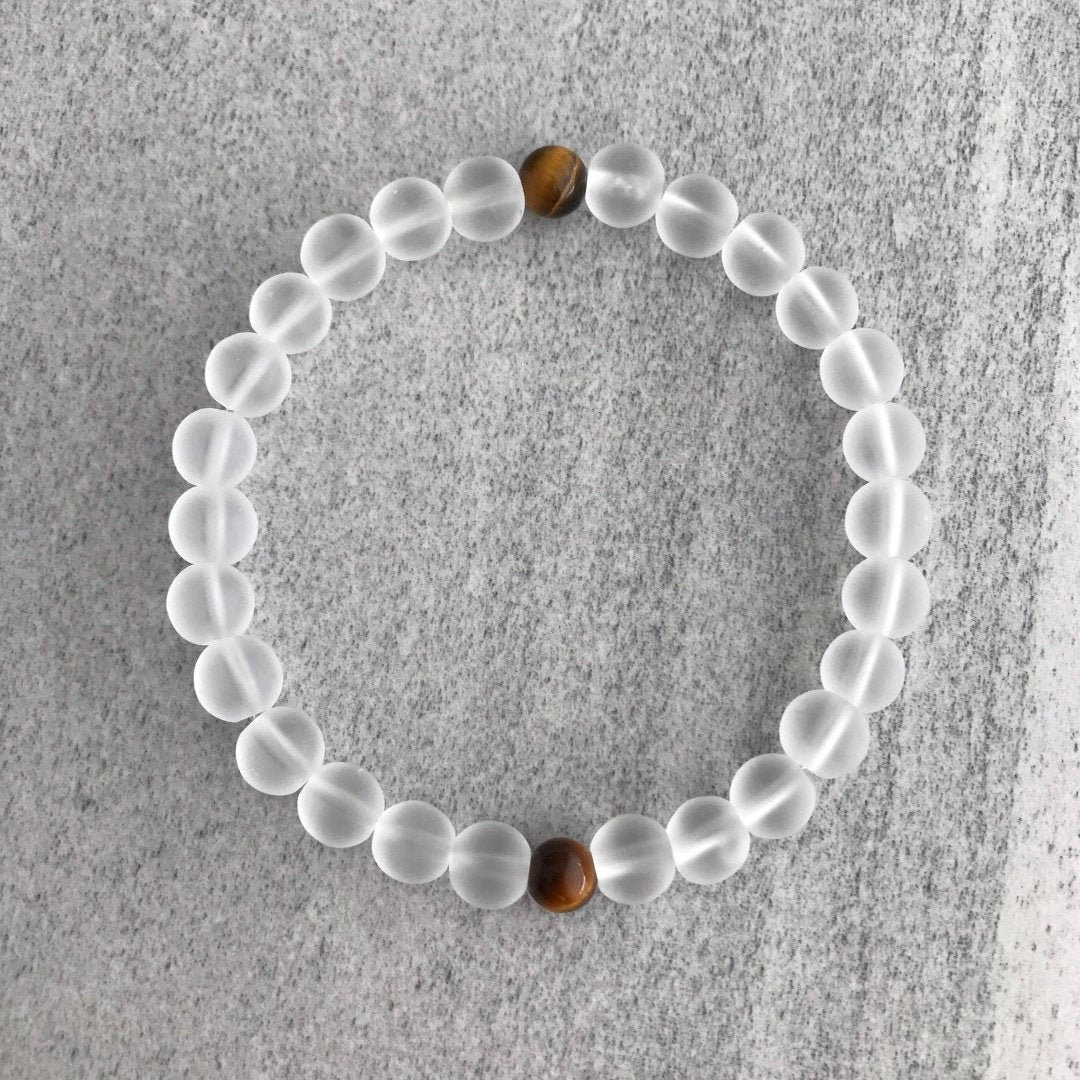 Frosted Quartz Stretch Bracelet with Tiger Eye