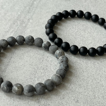 Matte Onyx and Matte Black Labradorite/Larvikite Stretch Bracelet