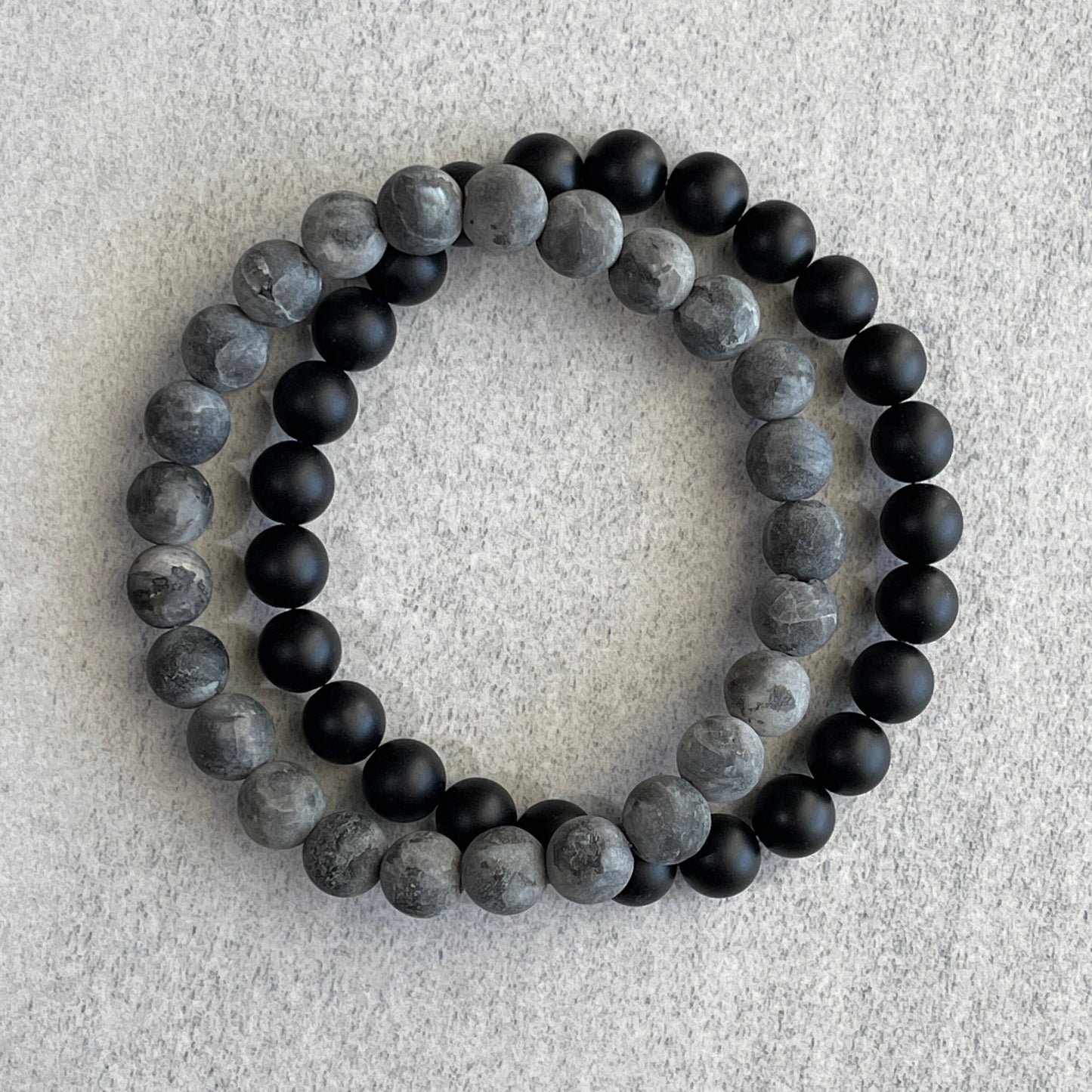 Matte Onyx and Matte Black Labradorite/Larvikite Stretch Bracelet