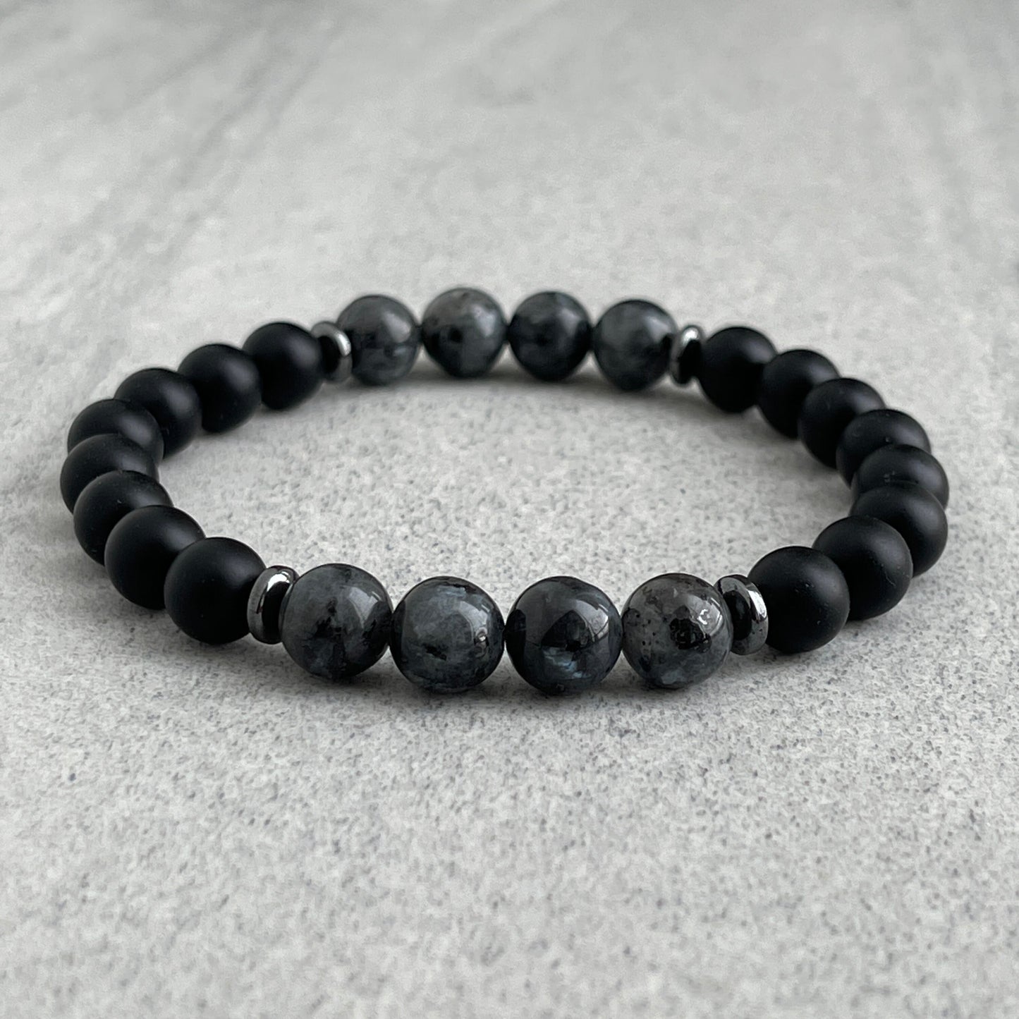 Matte Onyx and Black Labradorite Beaded Bracelet with Black Hematite