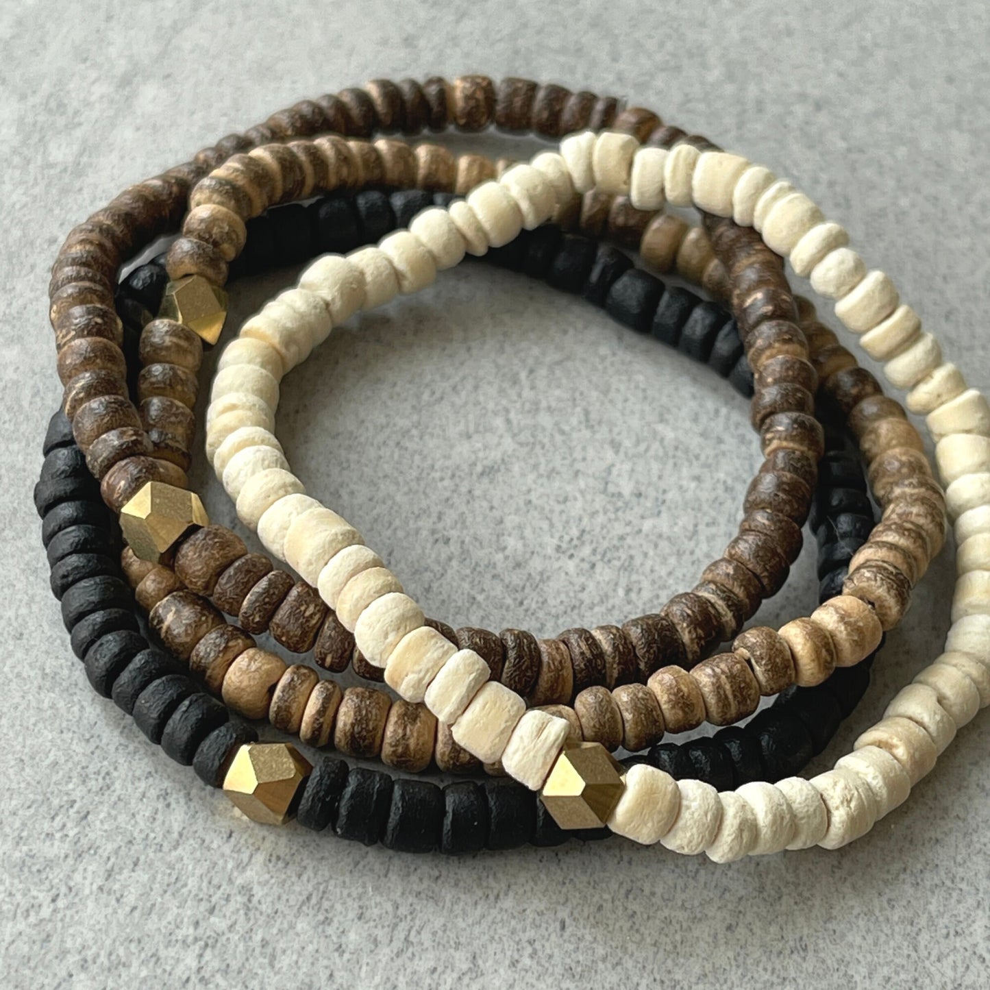 Black Coconut Wood Beaded Bracelet with Faceted Brass Bead