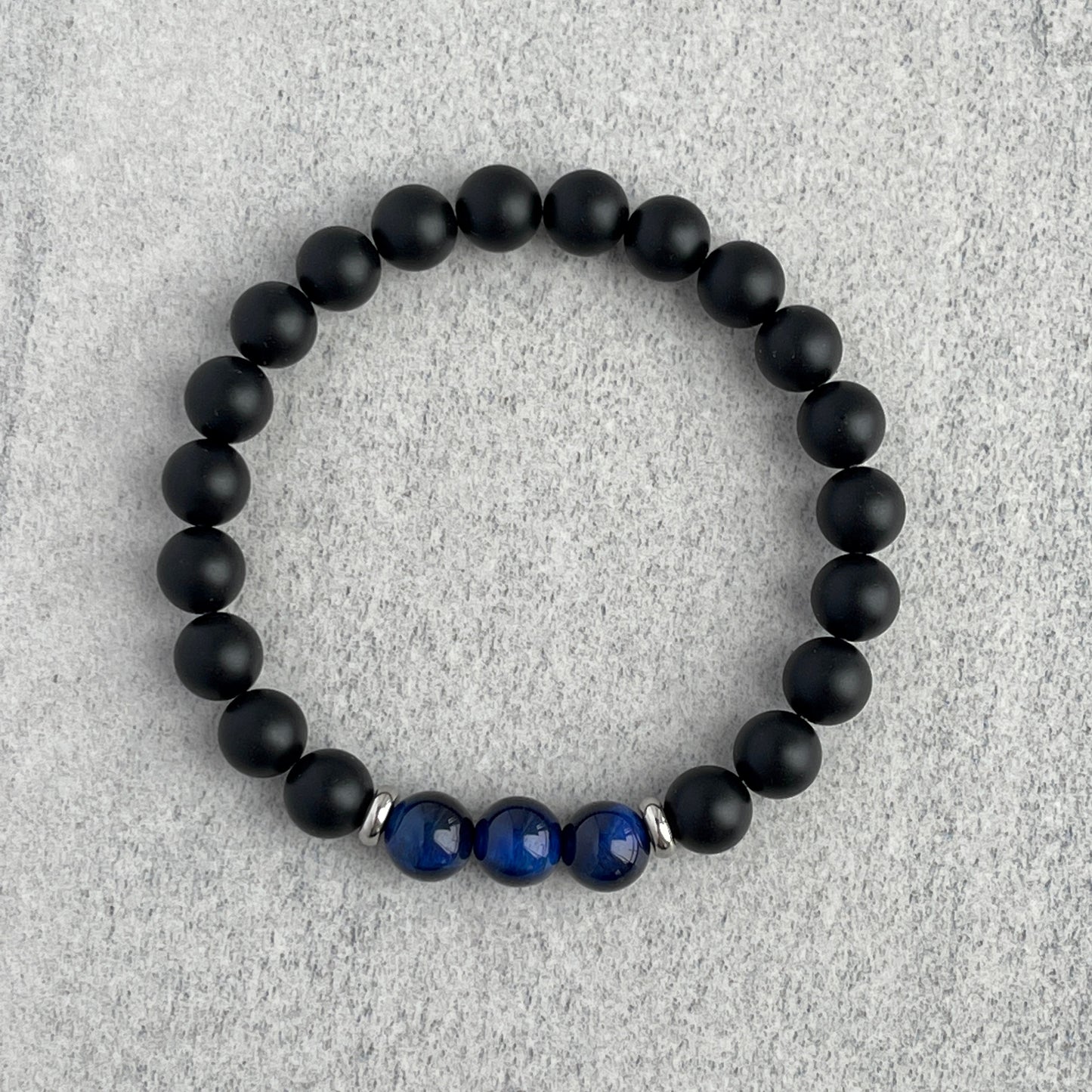 Matte Onyx and Tri-Blue Tiger Eye Stretch Bracelet