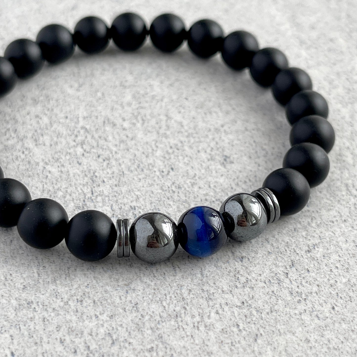 Matte Onyx, Blue Tiger Eye, and Hematite bracelet for everyday wear