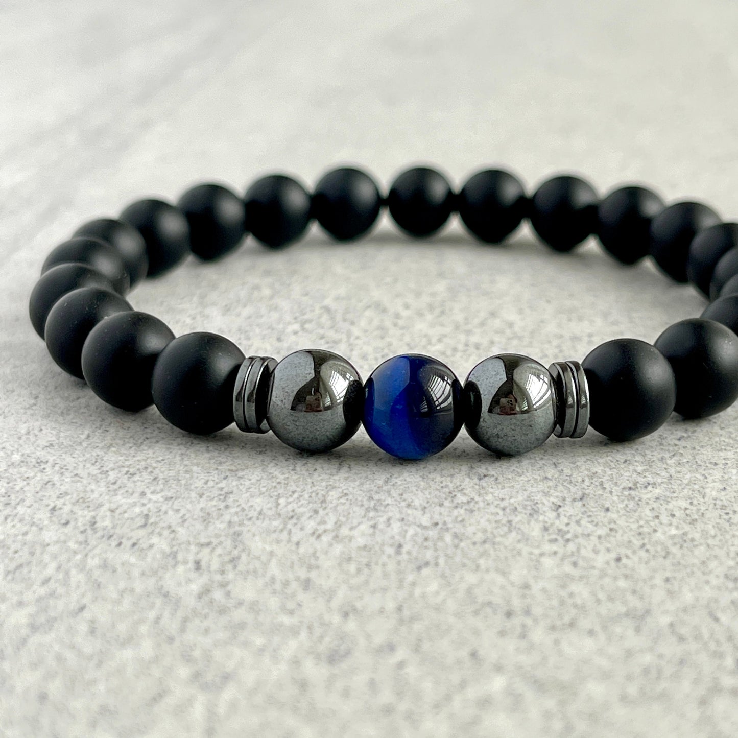 Matte Onyx bracelet featuring Blue Tiger Eye and Hematite