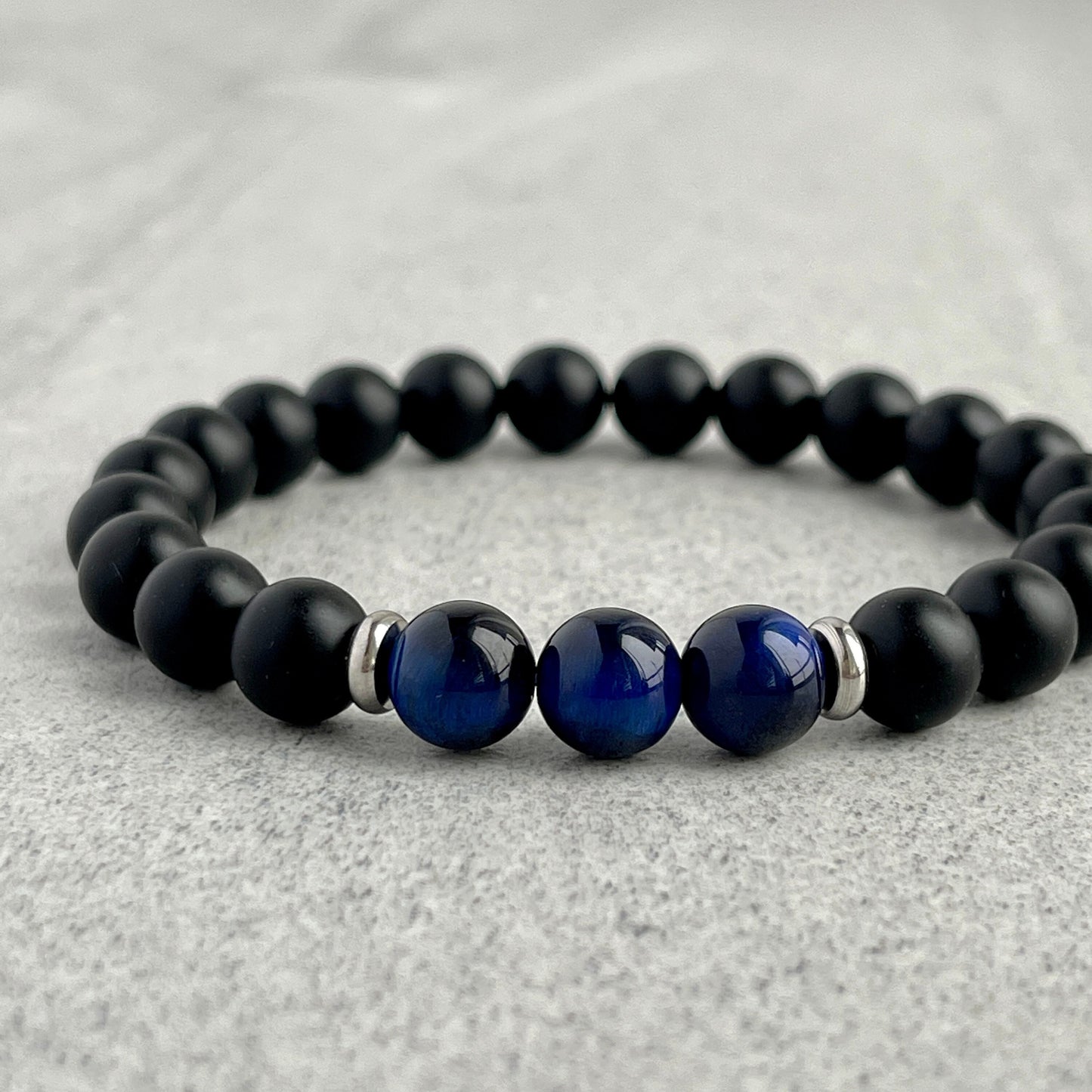 matte onyx and blue tiger eye beaded bracelet