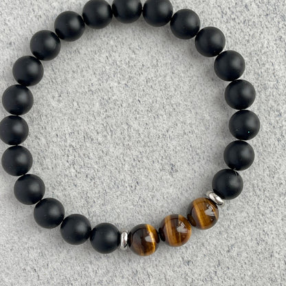 Matte Onyx and Tri-Yellow Tiger Eye Stretch Bracelet